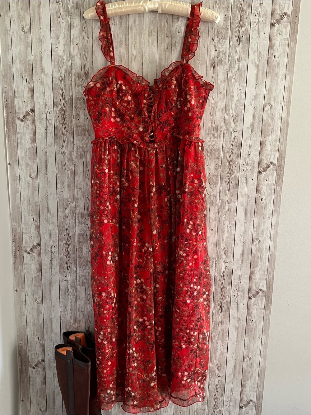 Alex Vinash NY Red Floral Corset Midi Jumpsuit Ruffle Fall Flowy Large